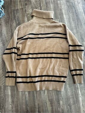 SHEIN Camel Turtleneck Sweater with Black Stripes